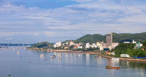 Scenic view of sea by buildings against sky