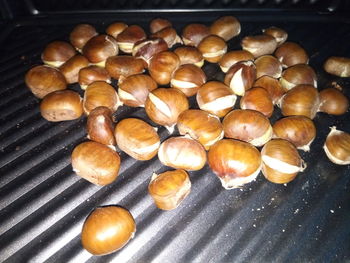 High angle view of mushrooms on table