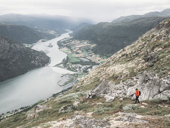 High angle view of river at mountains