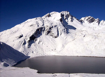 Scenic view of snowcapped mountains against clear sky