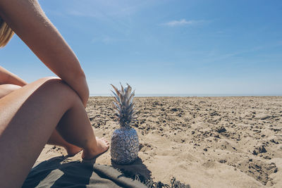 Low section of woman legs by pineapples at beach against clear blue sky