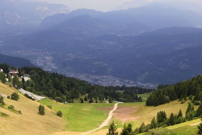 High angle view of landscape and mountains against sky