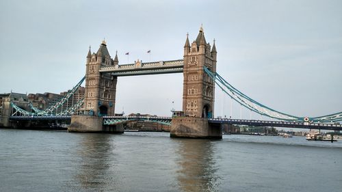 Bridge over river with city in background