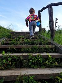 Rear view of boy holding bucket while moving up steps against sky