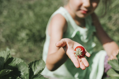 Close-up of woman holding red flowering plant