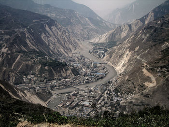 High angle view of mountain range against sky