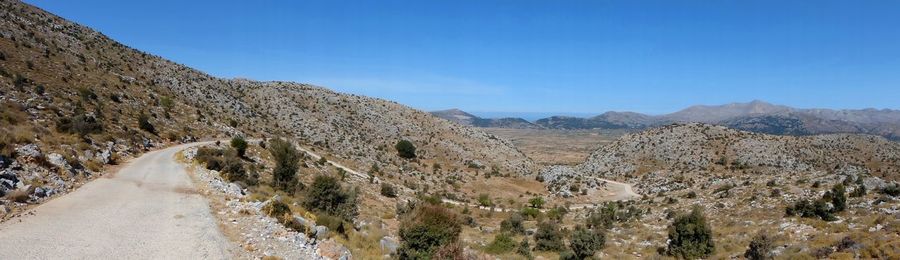 Panoramic view of mountains against clear blue sky