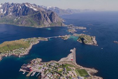 High angle view of town by sea