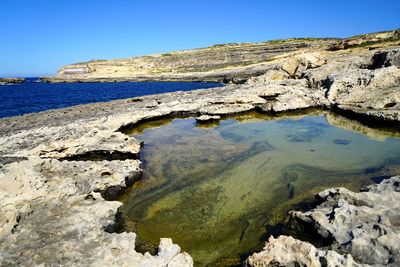 Rocks in sea against clear blue sky