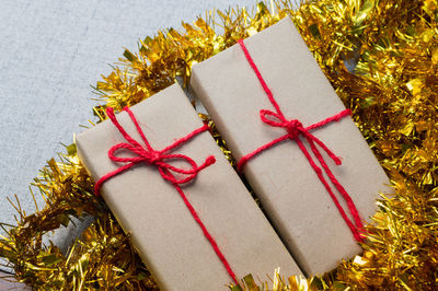 High angle view of christmas decoration in box