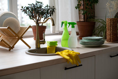 View of fruits and vegetables on table at home