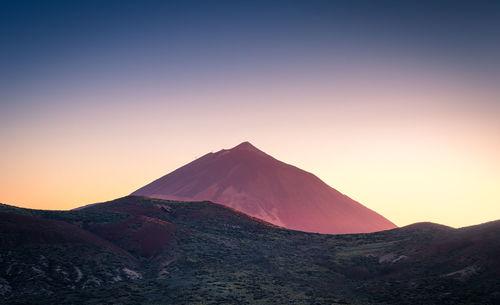 Scenic view of mountains against clear sky during sunset