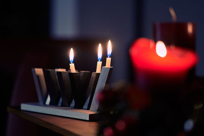 Close-up of lit candles on table