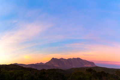 Scenic view of mountains against sky during sunset