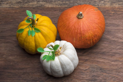 High angle view of pumpkins on table