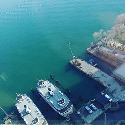 High angle view of ship by sea