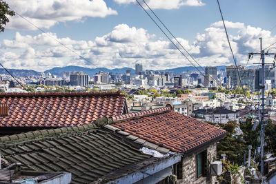 High angle view of buildings in city against sky