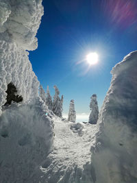 Scenic view of snowcapped mountains against sky during sunny day