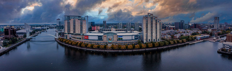 Aerial view of the media city uk is on the banks of the manchester at dusk