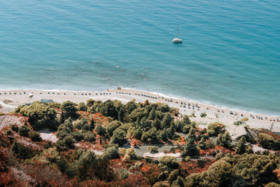 High angle view of sailboats on beach