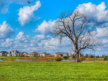 Scenic view of field against cloudy sky