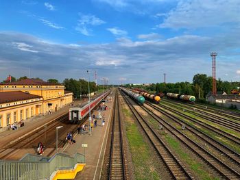 High angle view of train against sky