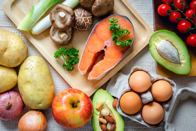 High angle view of fruits and vegetables on table