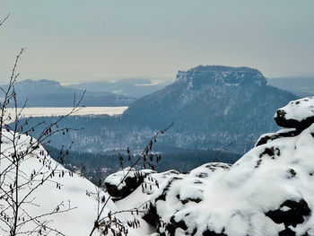 Scenic view of snow covered mountains against sky