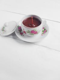 High angle view of tea cup on table