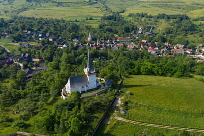 High angle aerial view of medieval church. valeni, romania