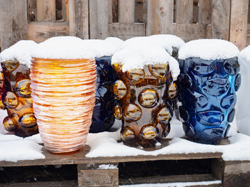 Close-up of snow covered stack
