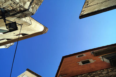 Low angle view of old building against clear blue sky