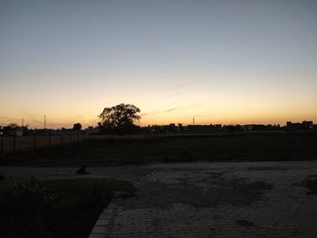 Silhouette trees on field against clear sky during sunset