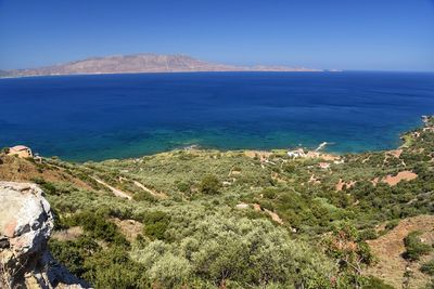 Scenic view of sea against clear blue sky