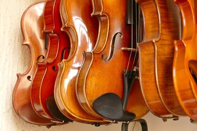 Close-up of violins hanging in store