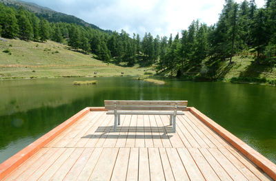 Scenic view of lake by trees against sky