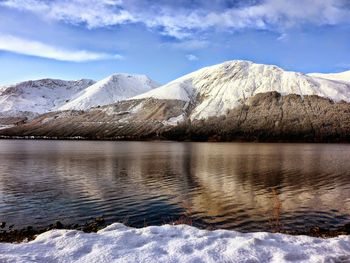 Scenic view of snow covered mountains