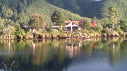 Scenic view of lake by trees and houses