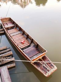 High angle view of boats moored in lake