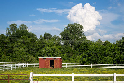 Built structure on field against sky