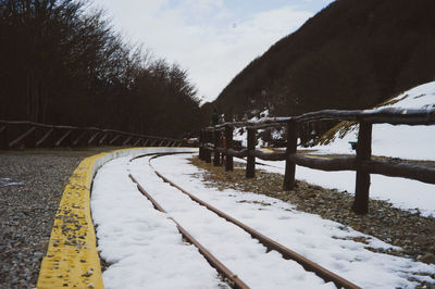 View of railroad tracks by trees during winter
