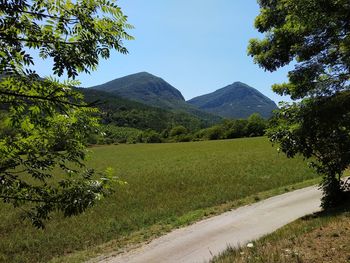 Scenic view of field by mountains against sky