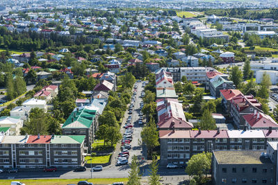 High angle view of the reykjavik city center in iceland