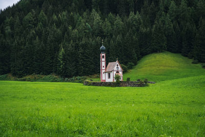 Built structure amidst trees and buildings against sky