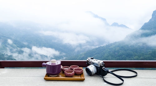 View of food on table against mountain range