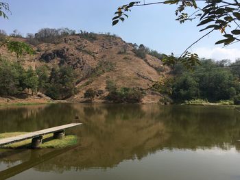 Scenic view of lake by trees against sky