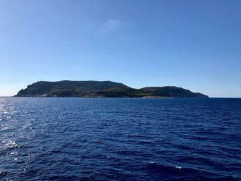 Scenic view of sea against clear blue sky