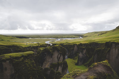 View of a canyon in iceland on a rainy cloudy day