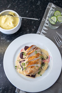 High angle view of food in plate on table