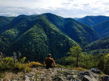 Rear view of man sitting on mountain